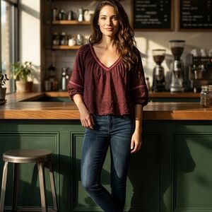 Free People Burgundy Eyelet V-Neck Tunic Top